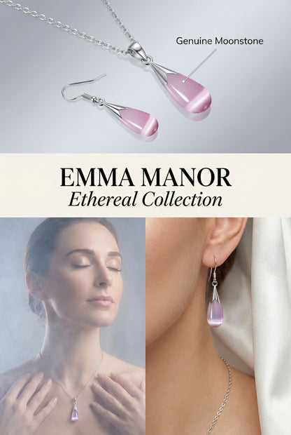 Emma Manor 14k White Gold Plated Water Drop Moonstone Women Jewelry Set --Pendant Necklace And Earrings